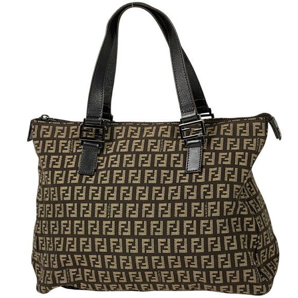 FENDI Zucchino Handbag Tote Bag Brown Canvas - Picture 1 of 8